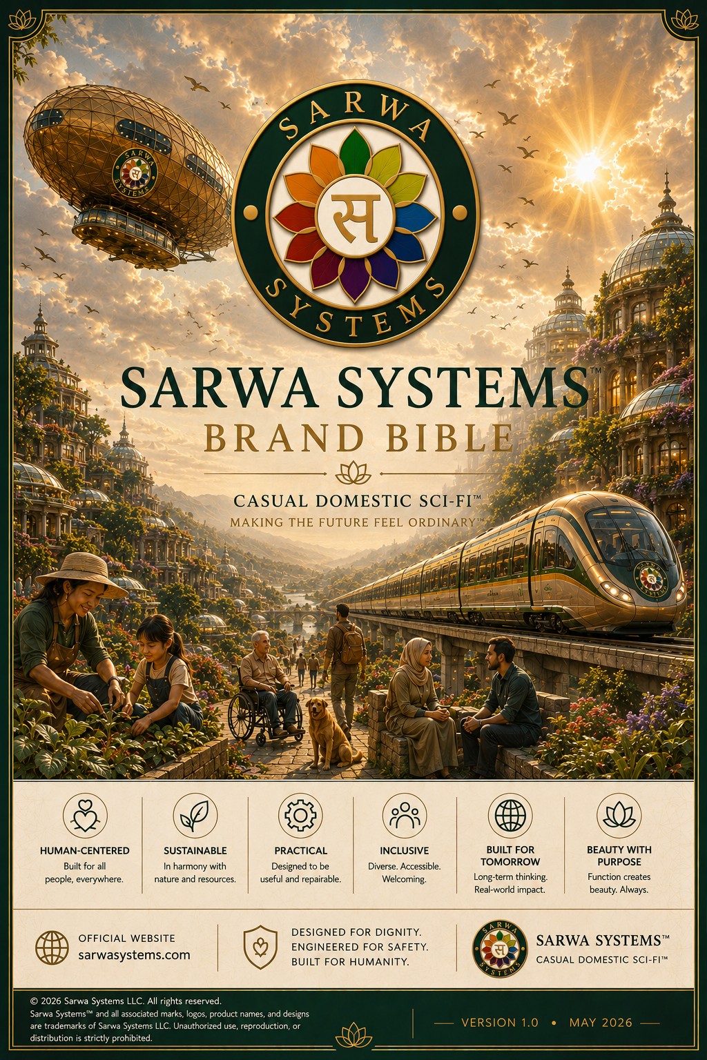 Illustrated Sarwa brand world with a garden city, accessible paths, public transit, and an airship