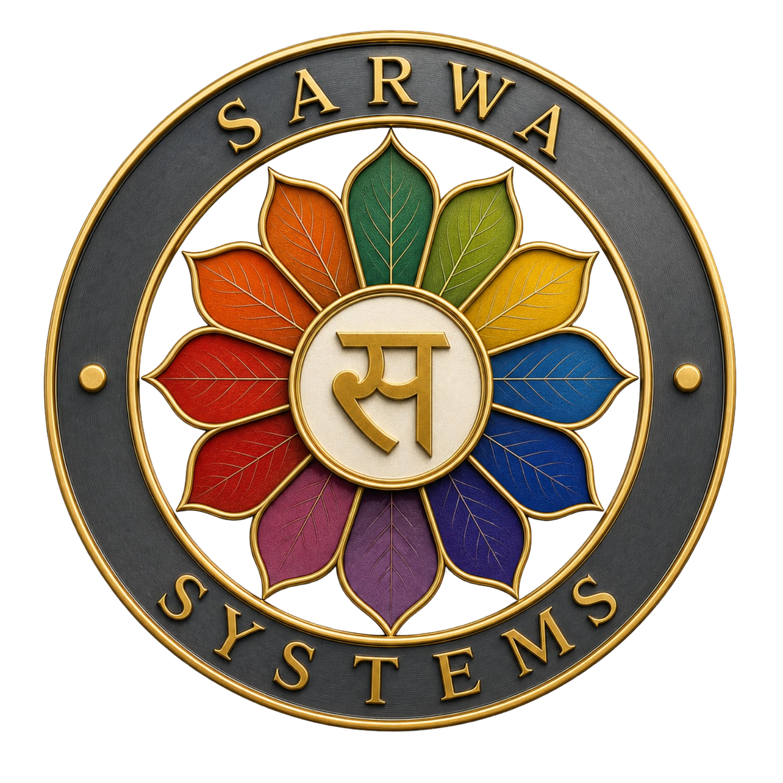 Sarwa Systems medallion: a multicolored leaf rosette around the Devanagari letter sa